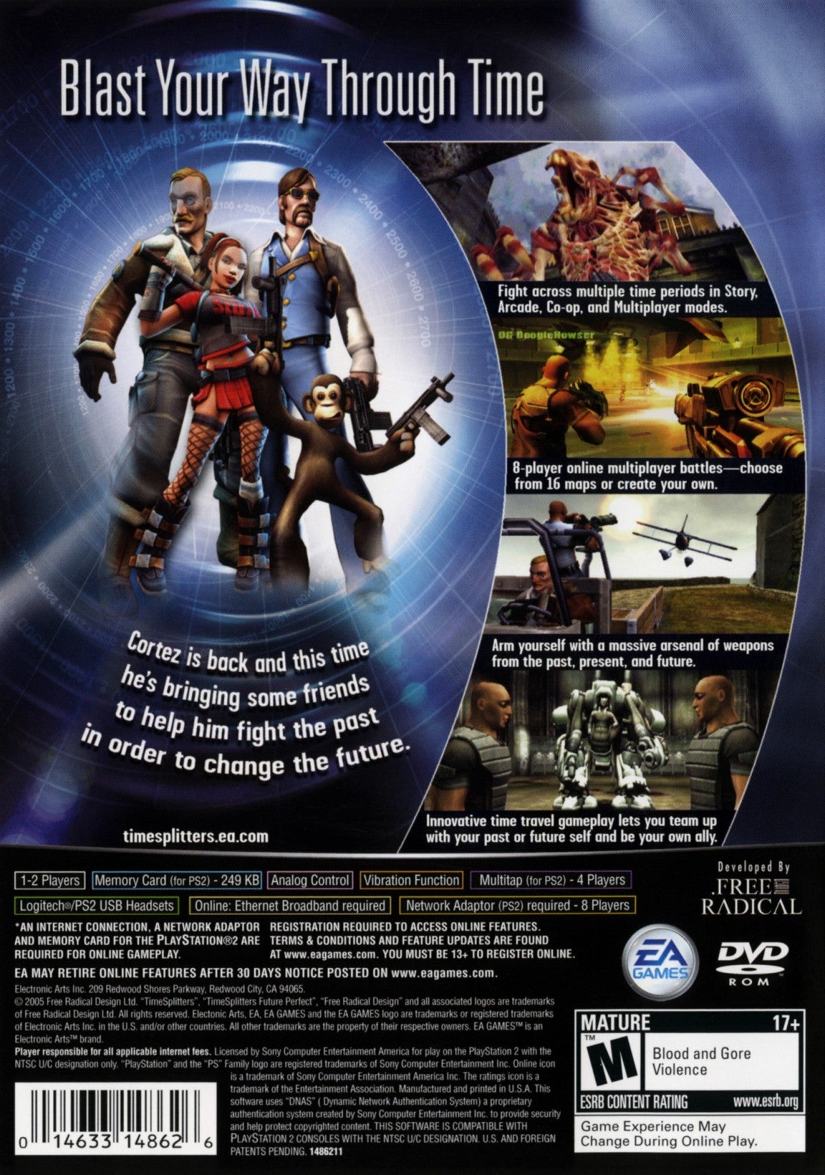 TimeSplitters Future Perfect PlayStation 2 PS2 video game featuring first person shooter gameplay time travel adventure action packed combat enemy battles weapon variety mission based levels multiplayer modes and classic 128 bit PlayStation 2 gameplay retro video game collection collectible gaming appeal back cover art