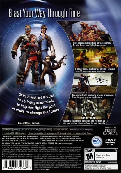 TimeSplitters Future Perfect PlayStation 2 PS2 video game featuring first person shooter gameplay time travel adventure action packed combat enemy battles weapon variety mission based levels multiplayer modes and classic 128 bit PlayStation 2 gameplay retro video game collection collectible gaming appeal back cover art