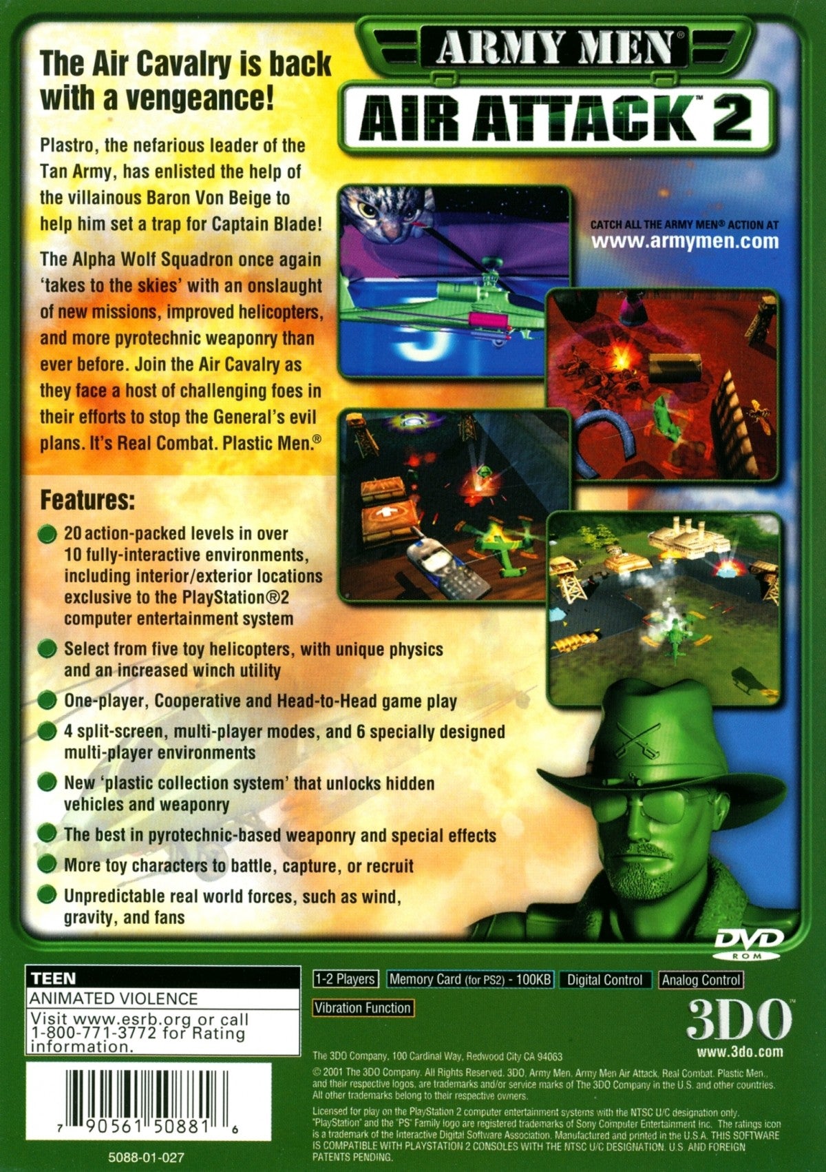 Army Men Air Attack 2 PS2 game for PlayStation 2 featuring helicopter arcade combat action back cover art