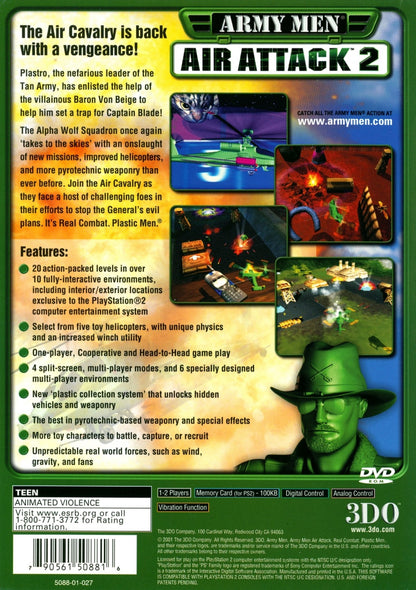 Army Men Air Attack 2 PS2 game for PlayStation 2 featuring helicopter arcade combat action back cover art