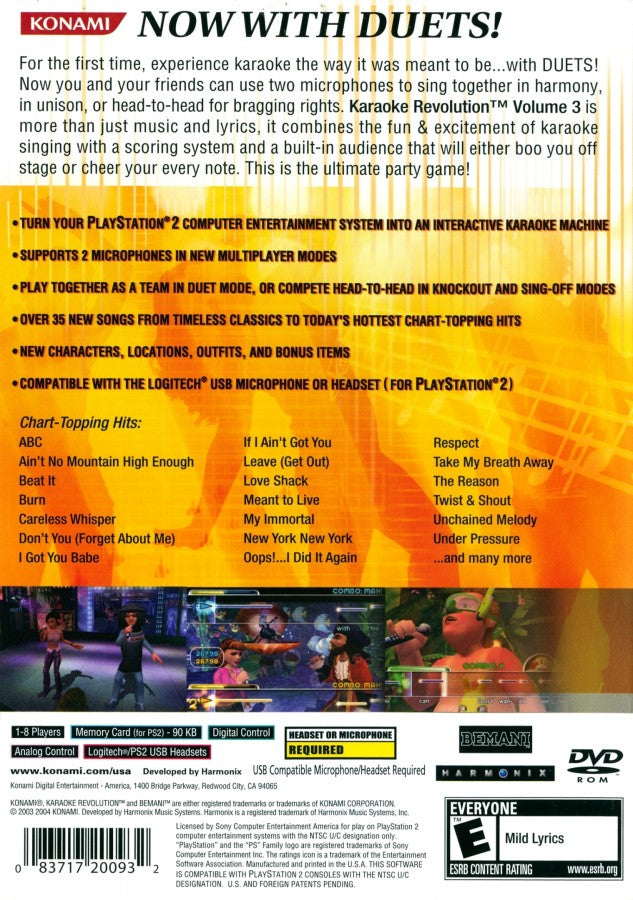 Karaoke Revolution Volume 3 back of case for PlayStation 2 (PS2) retro karaoke video game  