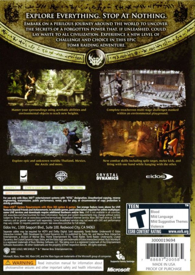 Tomb Raider: Underworld back of case for Xbox 360 (X360) action-adventure video game