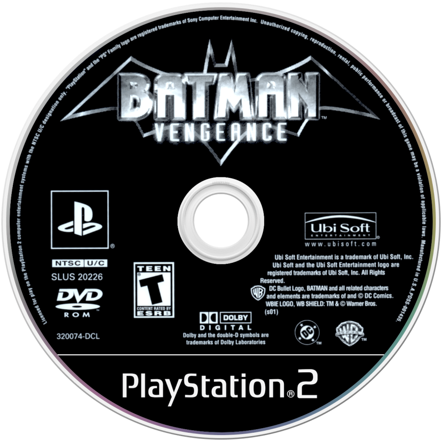 Batman: Vengeance for PlayStation 2 with animated superhero action and crime-fighting theme disc