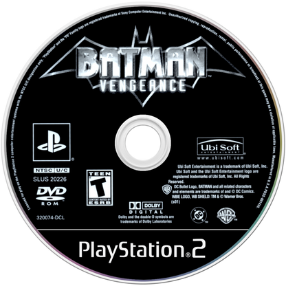 Batman: Vengeance for PlayStation 2 with animated superhero action and crime-fighting theme disc