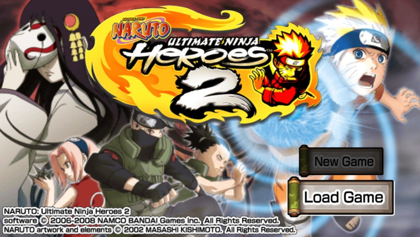 Naruto Ultimate Ninja Heroes 2 The Phantom Fortress PlayStation Portable PSP title screen for retro video game enthusiasts featuring anime fighting gameplay ninja combat mechanics character roster based battles team based action RPG elements story driven fortress adventure and portable handheld arcade style gaming experience and collectible gaming appeal