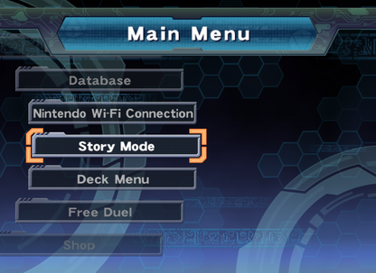 Yu-Gi-Oh! 5D’s: Duel Transer main menu for Nintendo Wii (Wii) featuring strategic card battles with over 4,500 cards, iconic duelists from the 5D’s series, and immersive tournament gameplay.