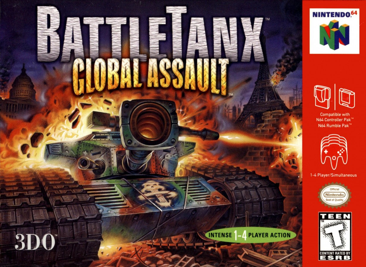 Battletanx: Global Assault Nintendo 64 game featuring tank combat action and strategic battlefield gameplay on N64 front cover