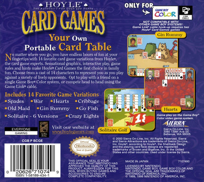 Hoyle Card Games for Game Boy Color, back of case for a card and casino video game with classic card game collections, tabletop gameplay, solo play, and portable strategy fun