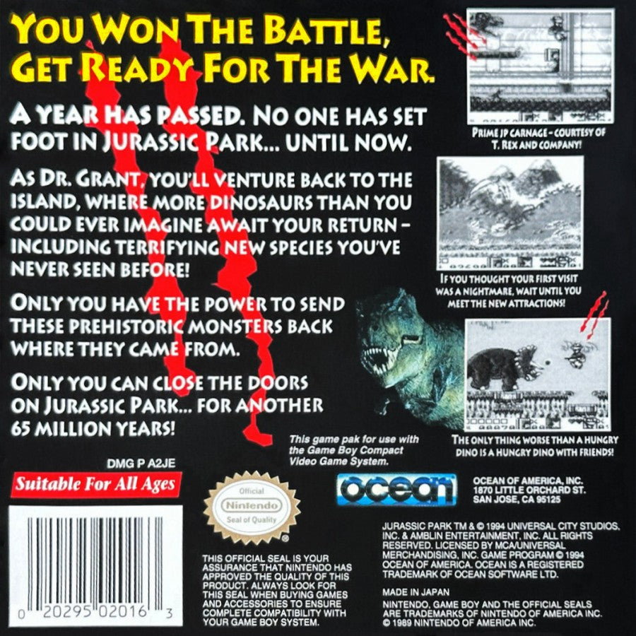 Jurassic Park 2: The Chaos Continues back cover art for Game Boy (GB) video game 