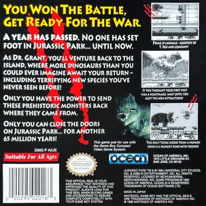 Jurassic Park 2: The Chaos Continues back cover art for Game Boy (GB) video game 