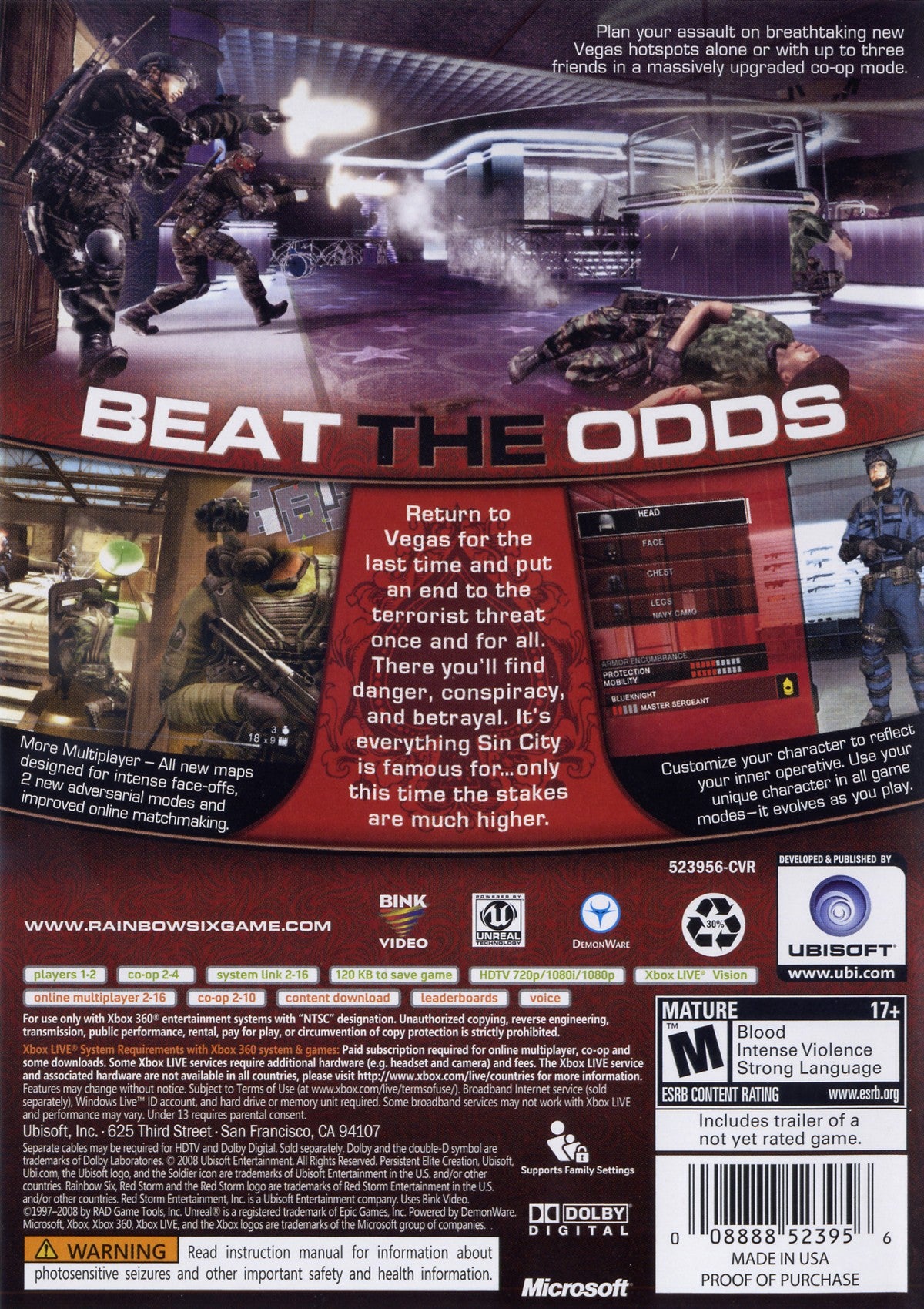 Tom Clancy’s Rainbow Six Vegas 2 Xbox 360 tactical first-person shooter video game featuring intense counter-terrorism missions cooperative multiplayer, deep squad-based tactics, robust single-player campaign, online play with map voting and ranking, destructible environments, and Ubisoft’s signature strategic team combat gameplay. back cover