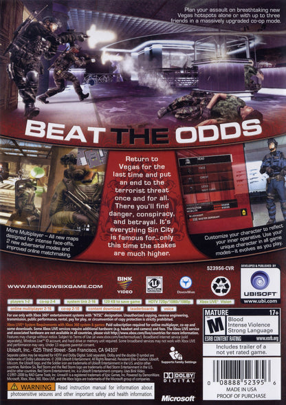 Tom Clancy’s Rainbow Six Vegas 2 Xbox 360 tactical first-person shooter video game featuring intense counter-terrorism missions cooperative multiplayer, deep squad-based tactics, robust single-player campaign, online play with map voting and ranking, destructible environments, and Ubisoft’s signature strategic team combat gameplay. back cover