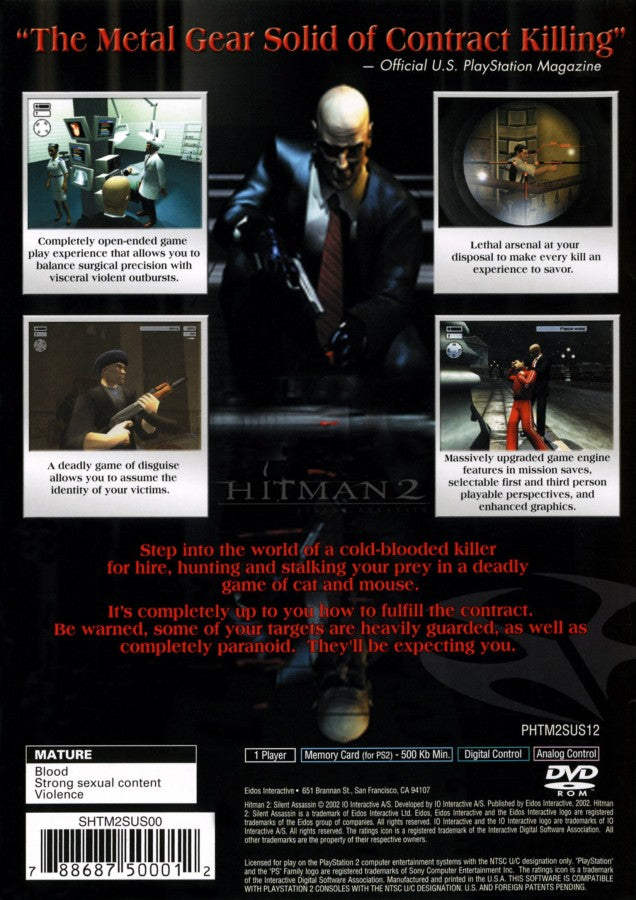 Hitman 2 Silent Assassin PlayStation 2 PS2 for retro video game enthusiasts featuring stealth action gameplay tactical assassination missions disguises strategic infiltration open ended objectives cinematic storytelling and collectible gaming appeal back art 