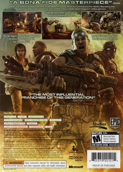Gears of War 3 back cover art for Xbox 360 (X360) video game
