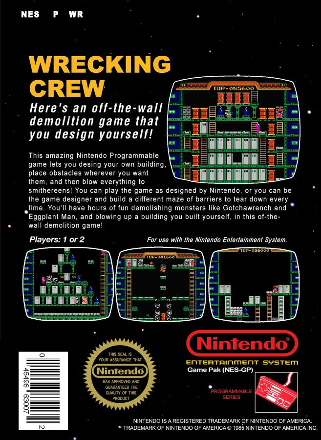 Wrecking Crew 5 Screw Nintendo Entertainment System NES video game featuring classic arcade puzzle action gameplay Mario demolition challenges hammer wielding construction worker breaking walls destroying ladders smashing obstacles avoiding enemies strategic level navigation bonus stages and challenging screen clearing puzzles iconic 8 bit Nintendo gameplay original 5 screw edition retro video game collection collectible gaming appeal back cover art