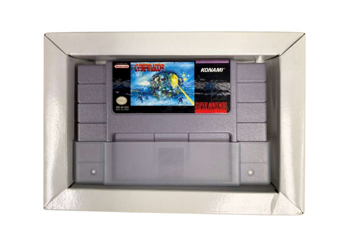 Cybernator Super Nintendo Entertainment System SNES action platformer video game featuring futuristic mech combat powerful weapons explosive battles enemy machines challenging stages science fiction environments and classic Super Nintendo Entertainment System SNES gameplay collectible retro gaming appeal cartridge and insert