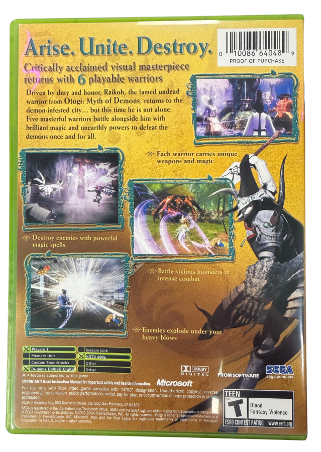 Otogi 2 Immortal Warriors Xbox for action video game fans featuring fast paced sword combat supernatural enemies Japanese mythology inspired environments powerful attacks character abilities challenging missions and intense hack and slash gameplay collectible original Xbox gaming appeal