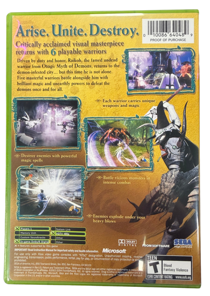 Otogi 2 Immortal Warriors Xbox for action video game fans featuring fast paced sword combat supernatural enemies Japanese mythology inspired environments powerful attacks character abilities challenging missions and intense hack and slash gameplay collectible original Xbox gaming appeal