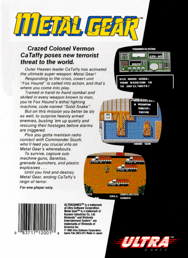 Metal Gear back of box for Nintendo Entertainment System (NES) retro video game