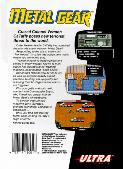 Metal Gear back of box for Nintendo Entertainment System (NES) retro video game