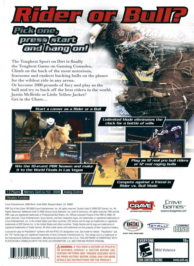 PBR Out of the Chute – PlayStation 2 (PS2) video game back of case, professional bull riding sports game.