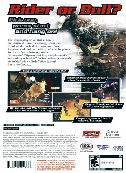 PBR Out of the Chute – PlayStation 2 (PS2) video game back of case, professional bull riding sports game.