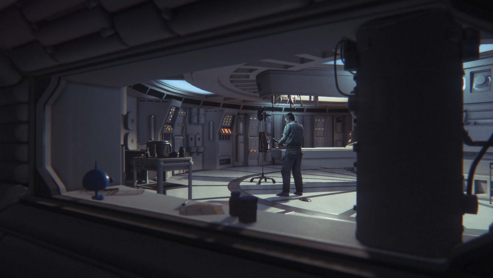 Alien: Isolation for PlayStation 4 (PS4) featuring a terrifying survival horror experience where you play as Amanda Ripley navigating a decaying space station while hunted by a single, unpredictable Xenomorph; use your wits and limited resources to scavenge, track, and hide in a high-tension atmosphere that perfectly captures the dread of the original 1979 film gameplay screenshot
