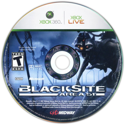 BlackSite: Area 51 for Xbox 360 (X360) at Gamers INC, featuring an intense sci-fi first-person shooter where you lead a specialized squad of soldiers against an extraterrestrial invasion in the Nevada desert, using a squad morale system to influence your team’s performance through tactical shootouts, vehicle segments, and cinematic action sequences in a modern-day alien conspiracy story disc