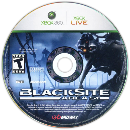 BlackSite: Area 51 for Xbox 360 (X360) at Gamers INC, featuring an intense sci-fi first-person shooter where you lead a specialized squad of soldiers against an extraterrestrial invasion in the Nevada desert, using a squad morale system to influence your team’s performance through tactical shootouts, vehicle segments, and cinematic action sequences in a modern-day alien conspiracy story disc