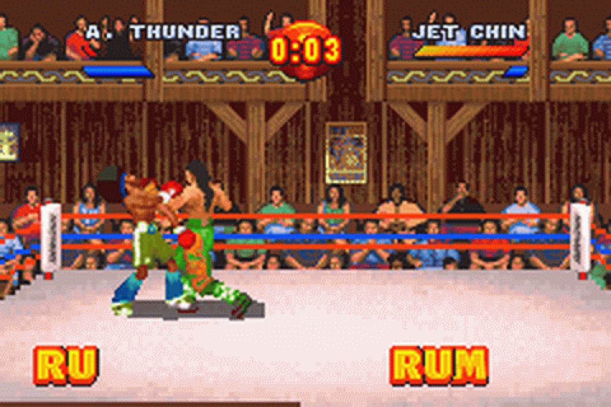 Ready 2 Rumble Boxing Round 2 for Game Boy Advance (GBA), gameplay for a retro video game featuring arcade-style boxing gameplay, fast-paced combat, character-based fighters, tournament challenges, and over-the-top sports action