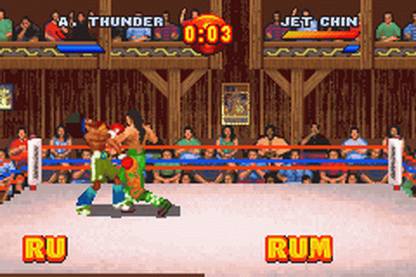 Ready 2 Rumble Boxing Round 2 for Game Boy Advance (GBA), gameplay for a retro video game featuring arcade-style boxing gameplay, fast-paced combat, character-based fighters, tournament challenges, and over-the-top sports action