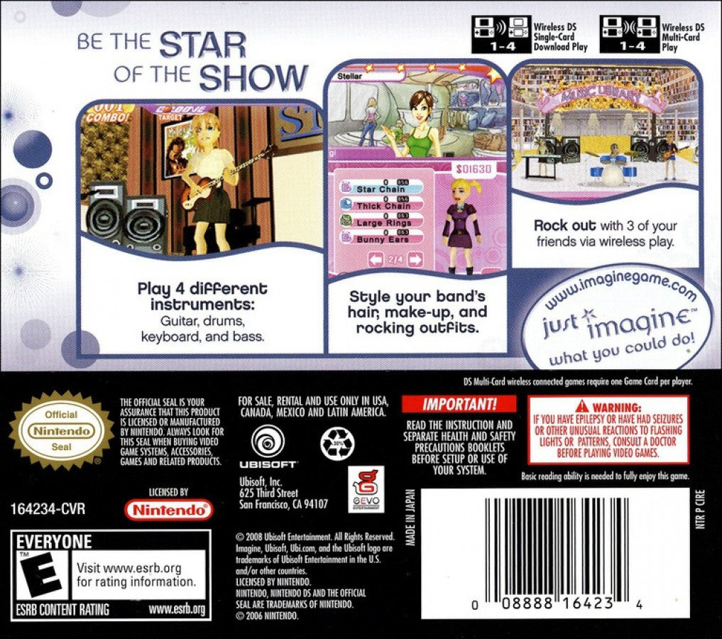 Imagine Rock Star Nintendo DS music simulation game letting players form a band perform songs and customize their rock star style back cover