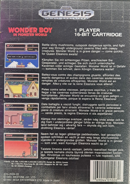 Wonder Boy in Monster World Sega Genesis GEN for retro video game enthusiasts featuring action role playing platforming gameplay fantasy world exploration sword combat character progression memorable dungeons colorful 16 bit adventure and collectible gaming appeal back cover