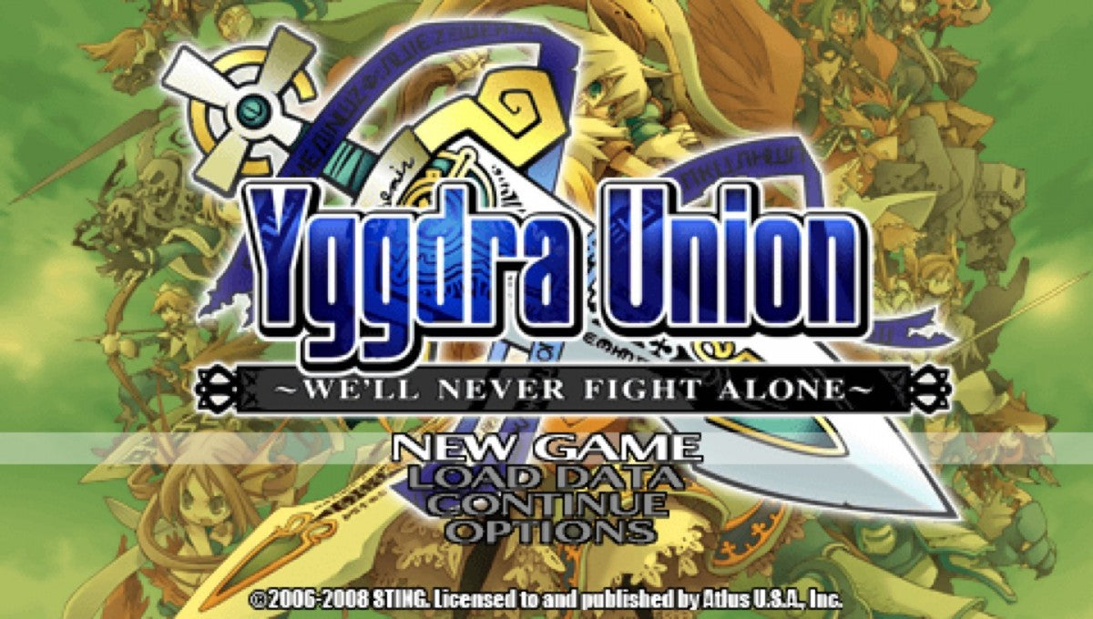 Yggdra Union: We'll Never Fight Alone  title page for PlayStation Portable (PSP) tactical role-playing game