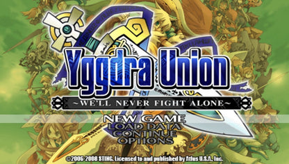 Yggdra Union: We'll Never Fight Alone  title page for PlayStation Portable (PSP) tactical role-playing game