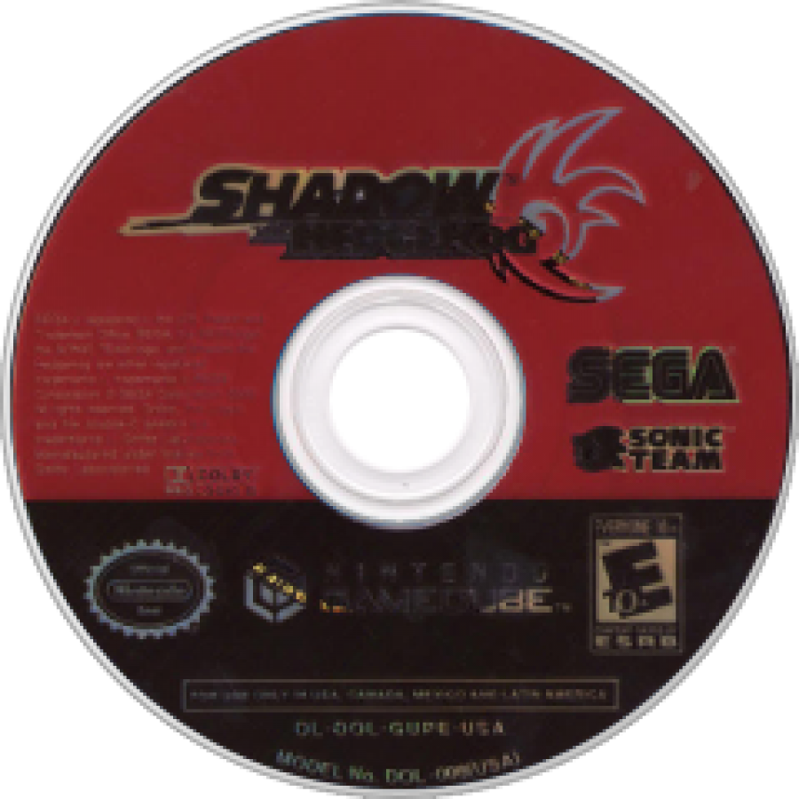 Shadow the Hedgehog GameCube game disc showing Shadow with a gun and fiery background.