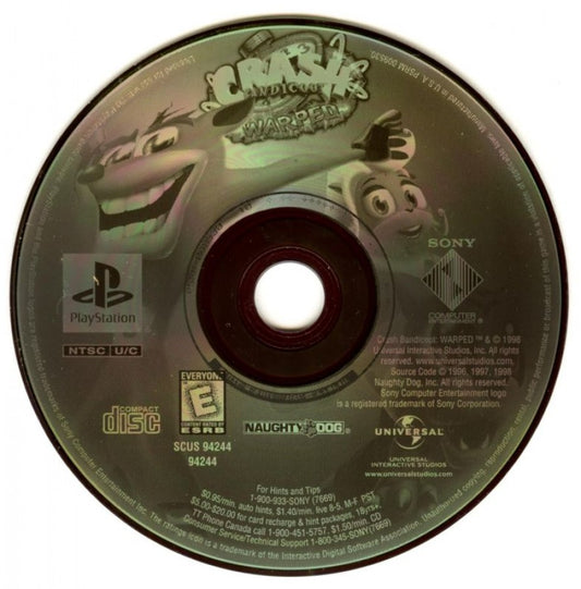 Crash Bandicoot: Warped [Greatest Hits] disc cover art for PlayStation 1 (PS1) adventure video game.  