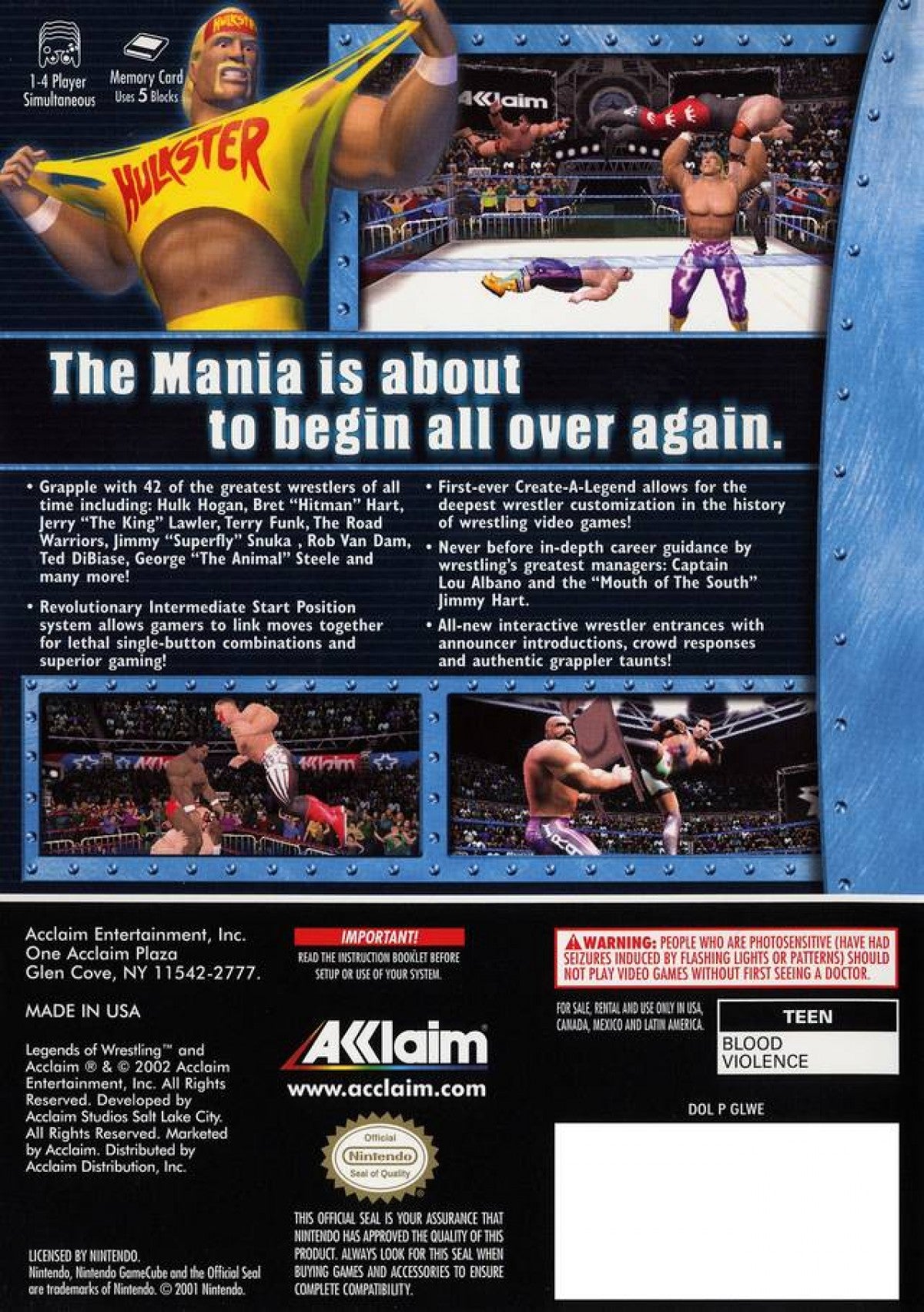 Back Cover art for Legends of Wrestling GameCube GC video game, professional wrestling, fighting simulation, multiplayer, sports entertainment, classic Nintendo GameCube title