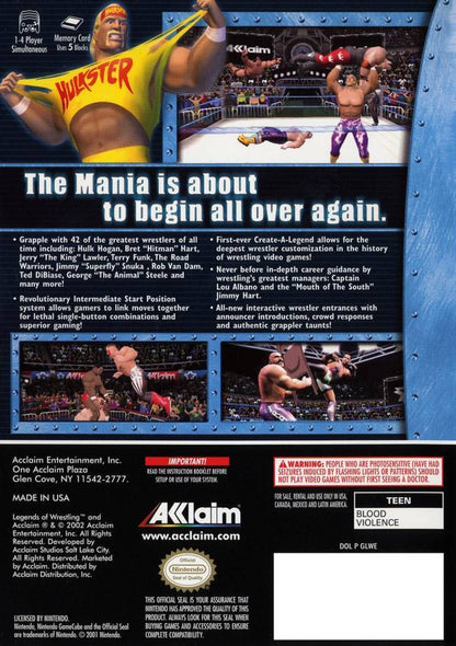 Back Cover art for Legends of Wrestling GameCube GC video game, professional wrestling, fighting simulation, multiplayer, sports entertainment, classic Nintendo GameCube title