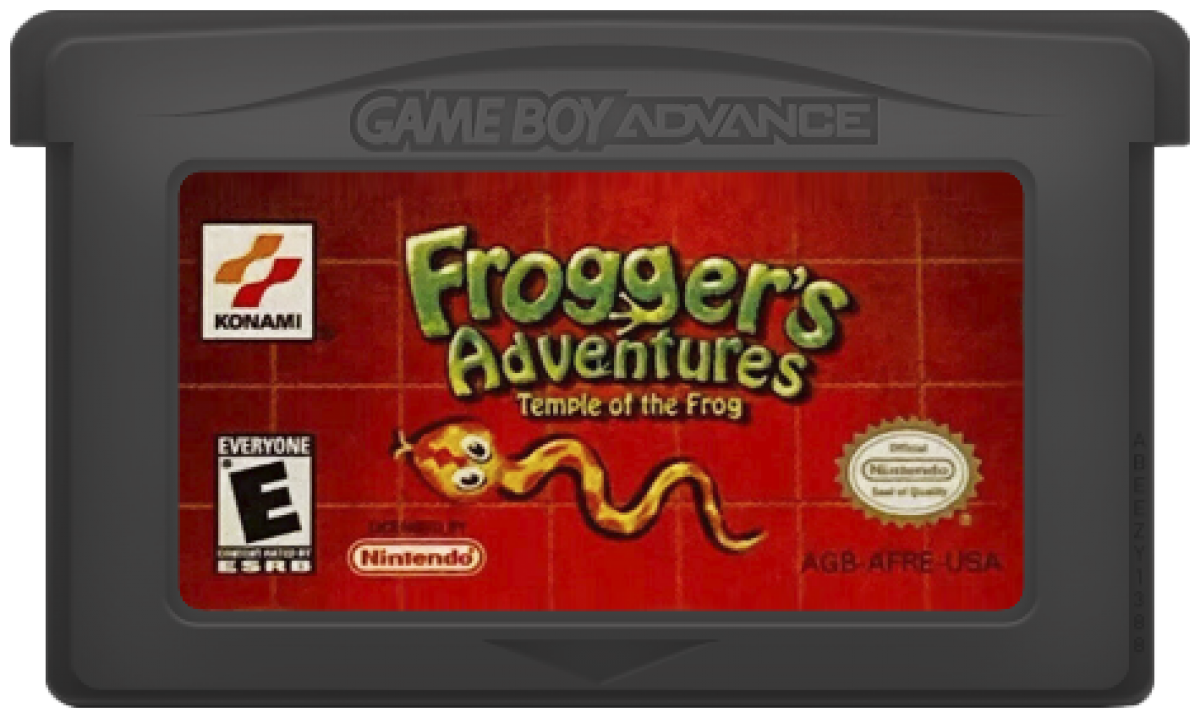 Frogger’s Adventures Temple of the Frog for Game Boy Advance (GBA), cartridge for a retro video game featuring action-adventure platforming gameplay, puzzle-solving challenges, fantasy environments, and classic character-based exploration