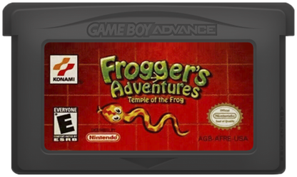 Frogger’s Adventures Temple of the Frog for Game Boy Advance (GBA), cartridge for a retro video game featuring action-adventure platforming gameplay, puzzle-solving challenges, fantasy environments, and classic character-based exploration