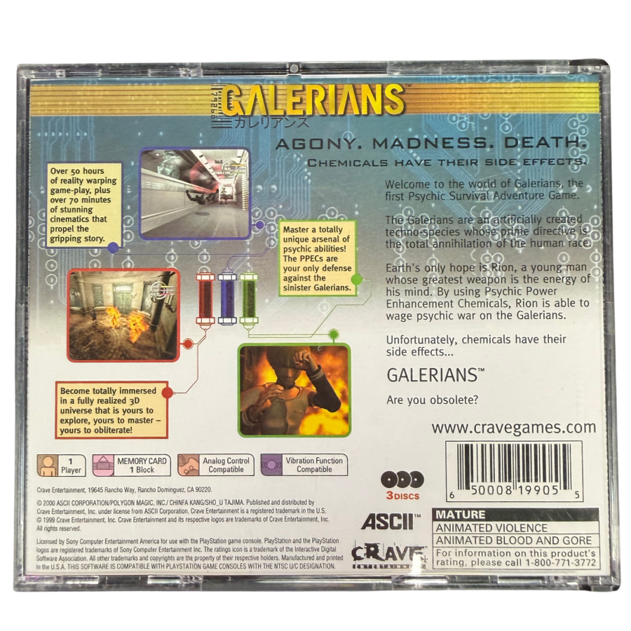 Galerians PlayStation PS1 for survival horror video game fans featuring psychological horror gameplay psychic powers futuristic environments mysterious storyline puzzle solving intense enemy encounters cinematic exploration dark atmosphere and classic PlayStation horror adventure collectible gaming appeal back cover art
