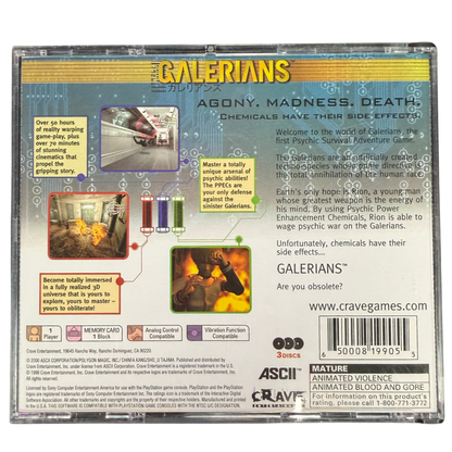 Galerians PlayStation PS1 for survival horror video game fans featuring psychological horror gameplay psychic powers futuristic environments mysterious storyline puzzle solving intense enemy encounters cinematic exploration dark atmosphere and classic PlayStation horror adventure collectible gaming appeal back cover art