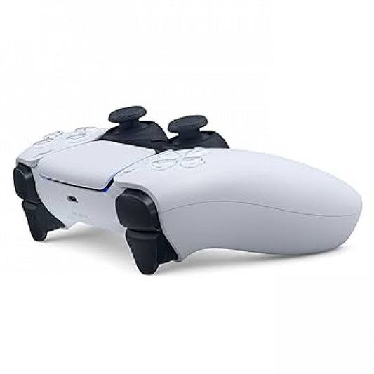 New white Sony DualSense wireless controller for PlayStation 5 featuring adaptive triggers, haptic feedback, touchpad, and ergonomic design