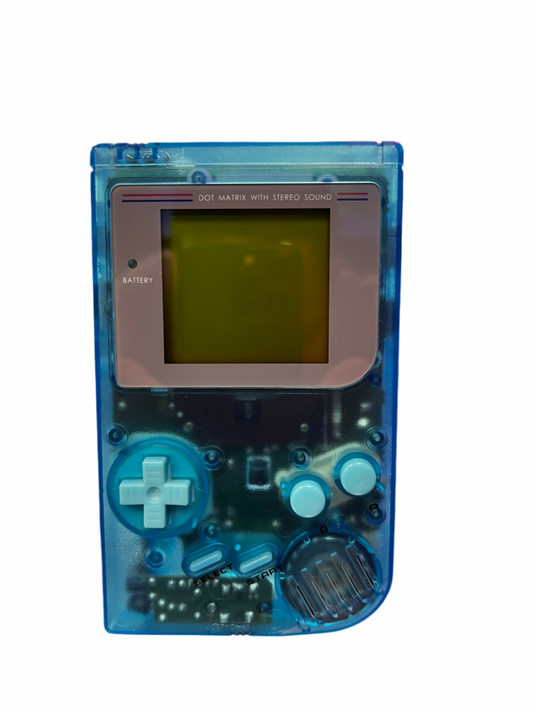 Front view of a custom original Game Boy with a translucent light blue shell and matching blue buttons, showing its screen, D-pad, and controls.
