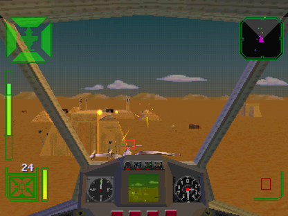 Warhawk [Long Box] for PlayStation 1 (PS1) at Gamers INC, featuring the high-flying 3D flight combat classic in its rare, collectible early-release "Long Box" packaging; take to the skies as a pilot of the advanced Warhawk fighter to defend your nation against the tyrannical Kreel, engaging in intense dogfights and bombing runs across diverse terrain in one of the PlayStation's earliest showcases of cinematic aerial action and groundbreaking polygon graphics gameplay screenshot