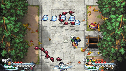 Pocky and Rocky Reshrined PAL Import Nintendo Switch NS video game featuring top down action shooter gameplay Pocky and Rocky characters yokai battles magical attacks enemy waves forest environments cooperative gameplay challenging stages PAL region import edition and classic Nintendo Switch gameplay retro video game collection collectible gaming gameplay