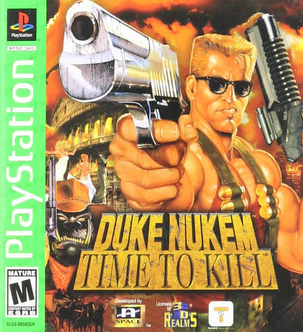 Duke Nukem Time to Kill Greatest Hits PlayStation 1 PS1 for third person shooter video game fans featuring Duke Nukem action packed combat time travel missions powerful weapons enemy encounters explosive environments challenging levels and classic PlayStation gaming collectible appeal front