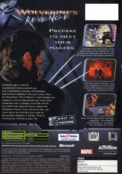 X2 Wolverine's Revenge back cover for XBOX action adventure video game. 