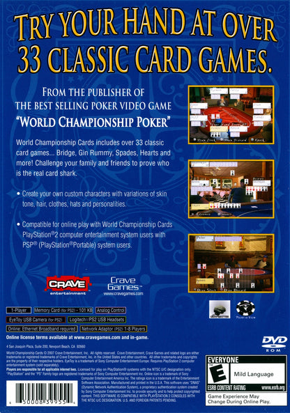 World Championship Cards PlayStation 2 card game compilation featuring classic games poker solitaire bridge hearts spades euchre cribbage multiplayer modes Casino Magic license back cover